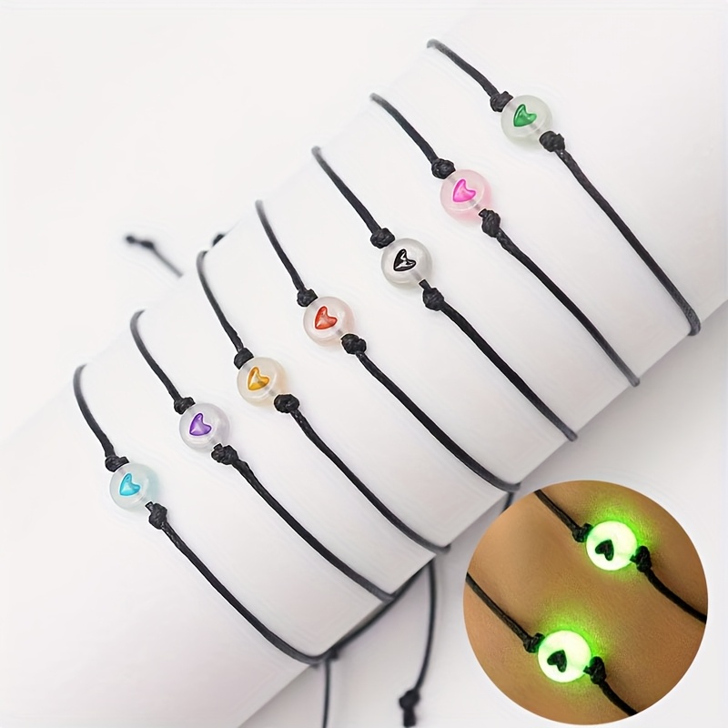 Heart Shaped Luminous Beads Bracelet Adjustable Chain 6 Colors