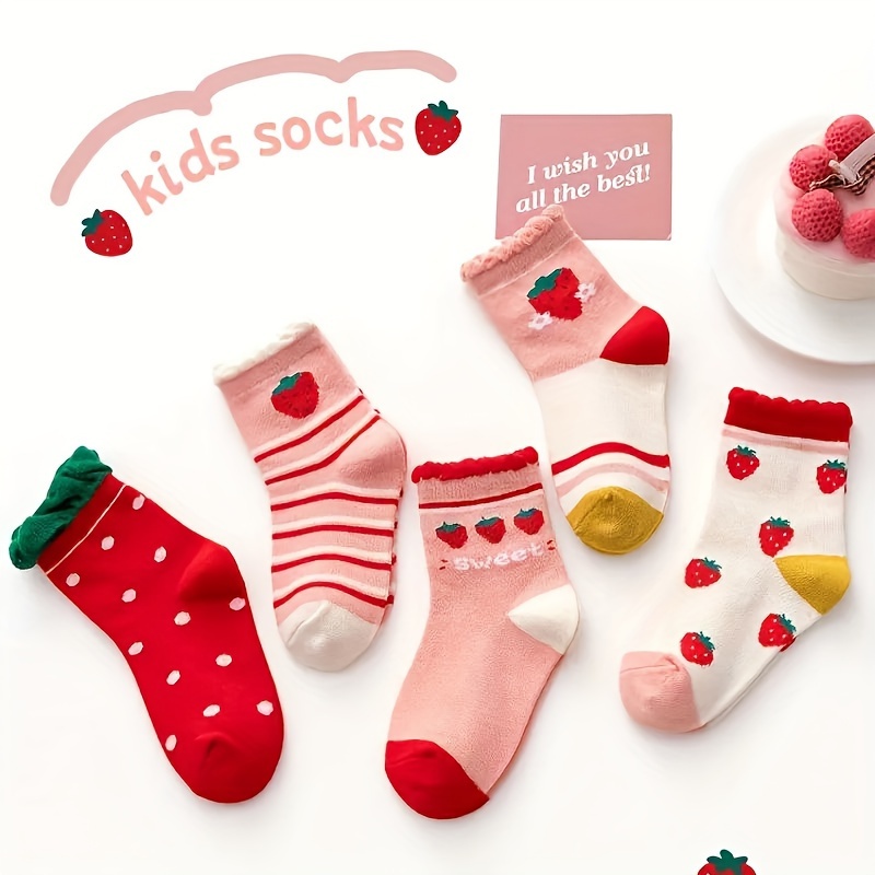 

5pcs Strawberry Pattern ' Socks - Breathable & Fabric, Colors For All , Perfect Gift For Girls