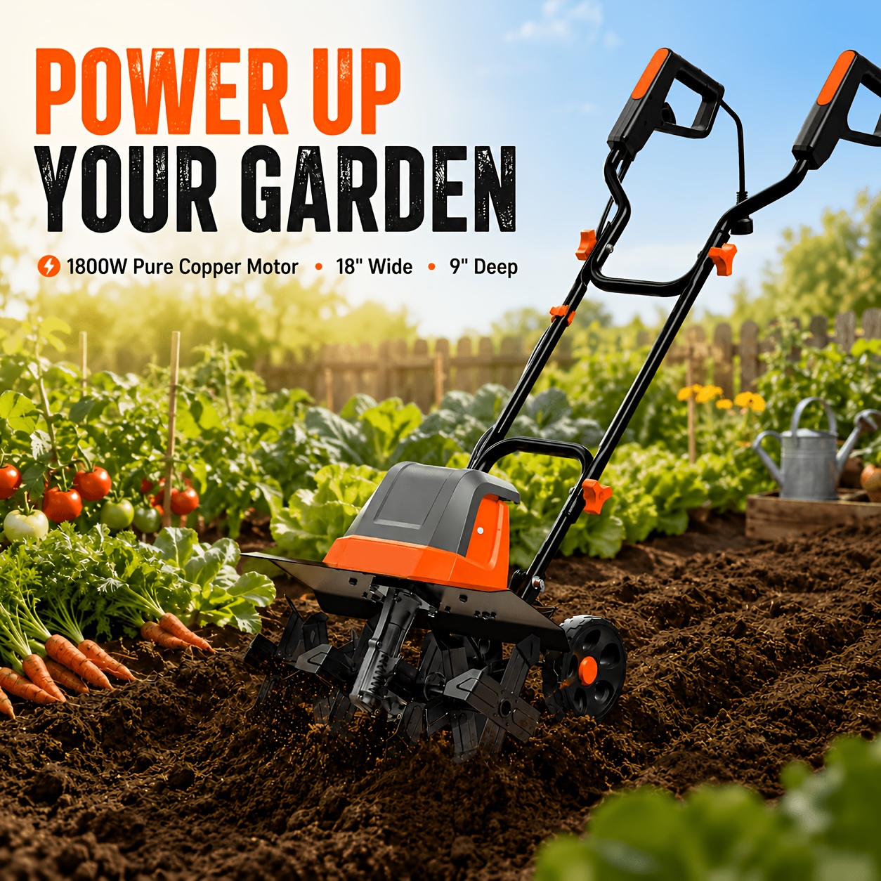 Image of 1800w Electric With Pure Copper Motor, 6 Steel At 470r/min, 18" Working Width & 9" Tilling Depth, 4 Adjustable Wheel , 3 Step Foldable Storage, Stable 10.5kg Build For Home
