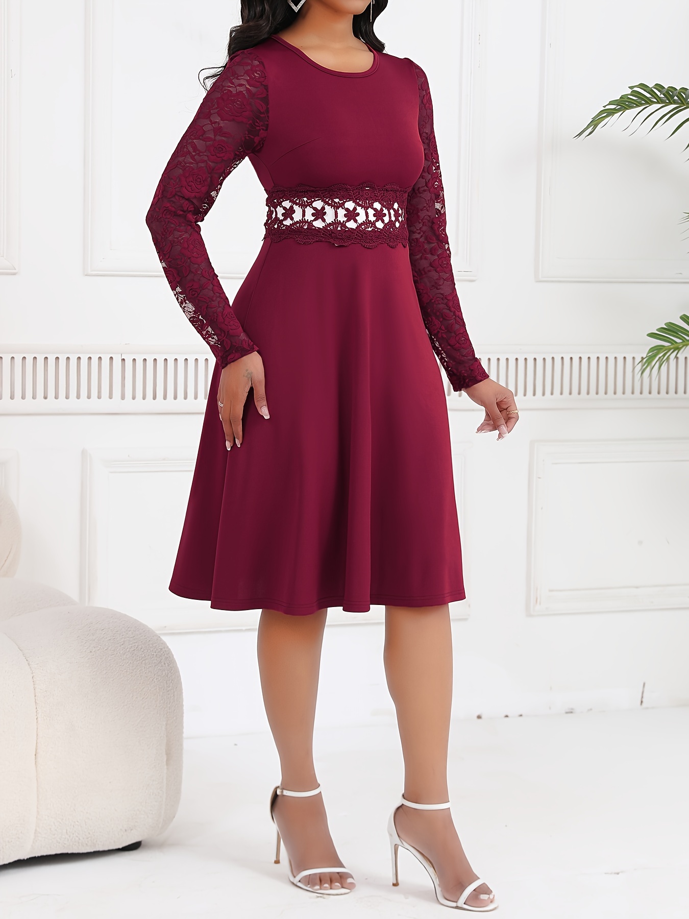 1pc elegant polyester knee length dress lace long sleeves Temu