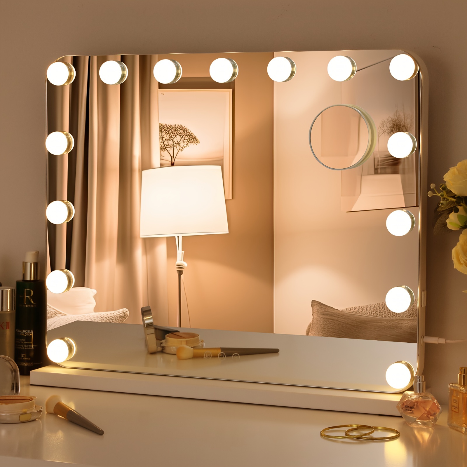 

Mirror 58x46 Cm, Lighted Vanity Mirror, 15led, 3 Colors, Adjustable Brightness, With Usb And Removable Magnifying Mirror Lighted Vanity Mirror, Wall Mirror, Table Mirror - White