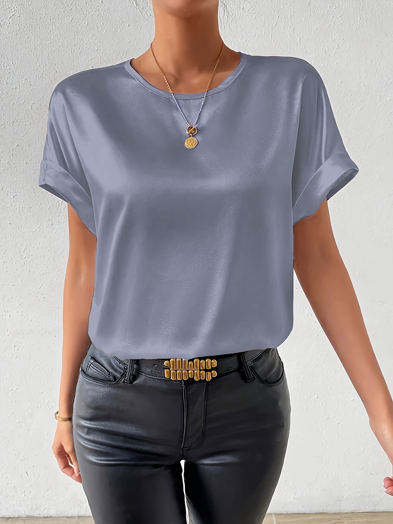 Women'S Plus Size Light Blue Woven Blouse - Elegant Short Sleeve Crew Neck, Solid Color, Non-Stretch Fabric, Perfect for Summer, Casual Summer Wear|Sleek Fitted Look|Nonstretch Material, Plus Size Blouses