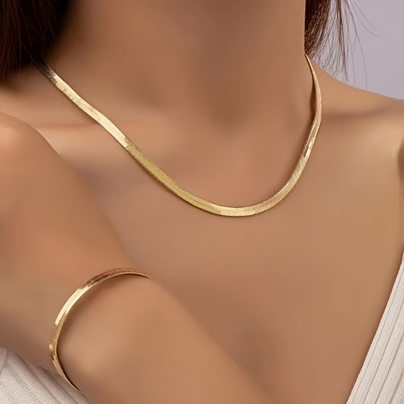 TEMU 2pcs Elegant Stainless Steel Jewelry Set - Chic Snake Chain Necklace And Bracelet With Heart Detailing, Casual Attire Or As A Gift