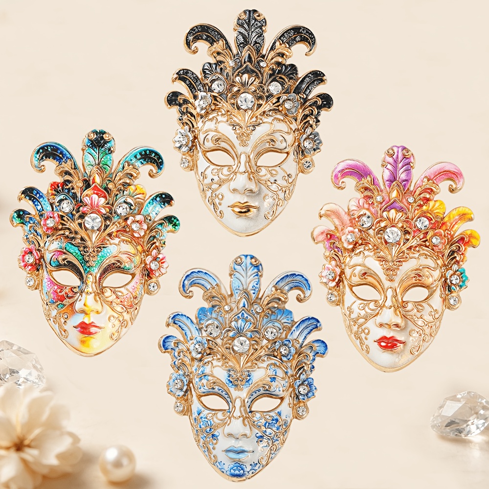 Vintage Venetian Mask Enamel Brooch with Rhinestone Inlay