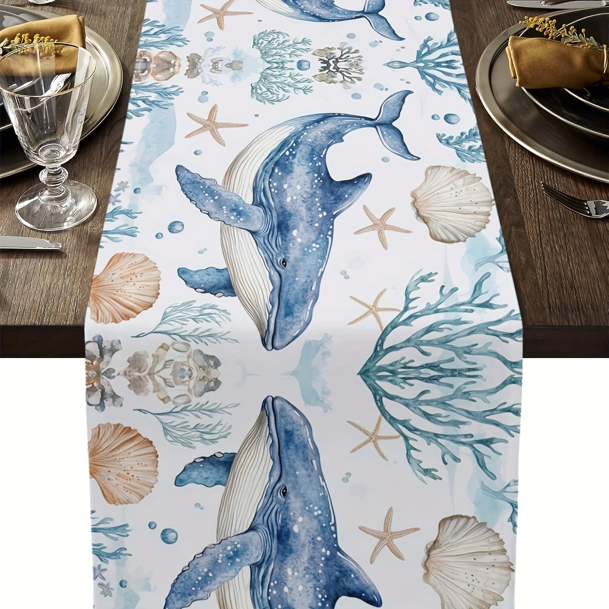 Blue Coral Shell Table Runner, Watercolor Summer Starfish Table Cover Dresser Scarf For Kitchen Dining Holiday Party Wedding Gathering, 13 X 36, 13 X 48, 13 X 72, 13 X 108, Linen, Rectangle, Woven