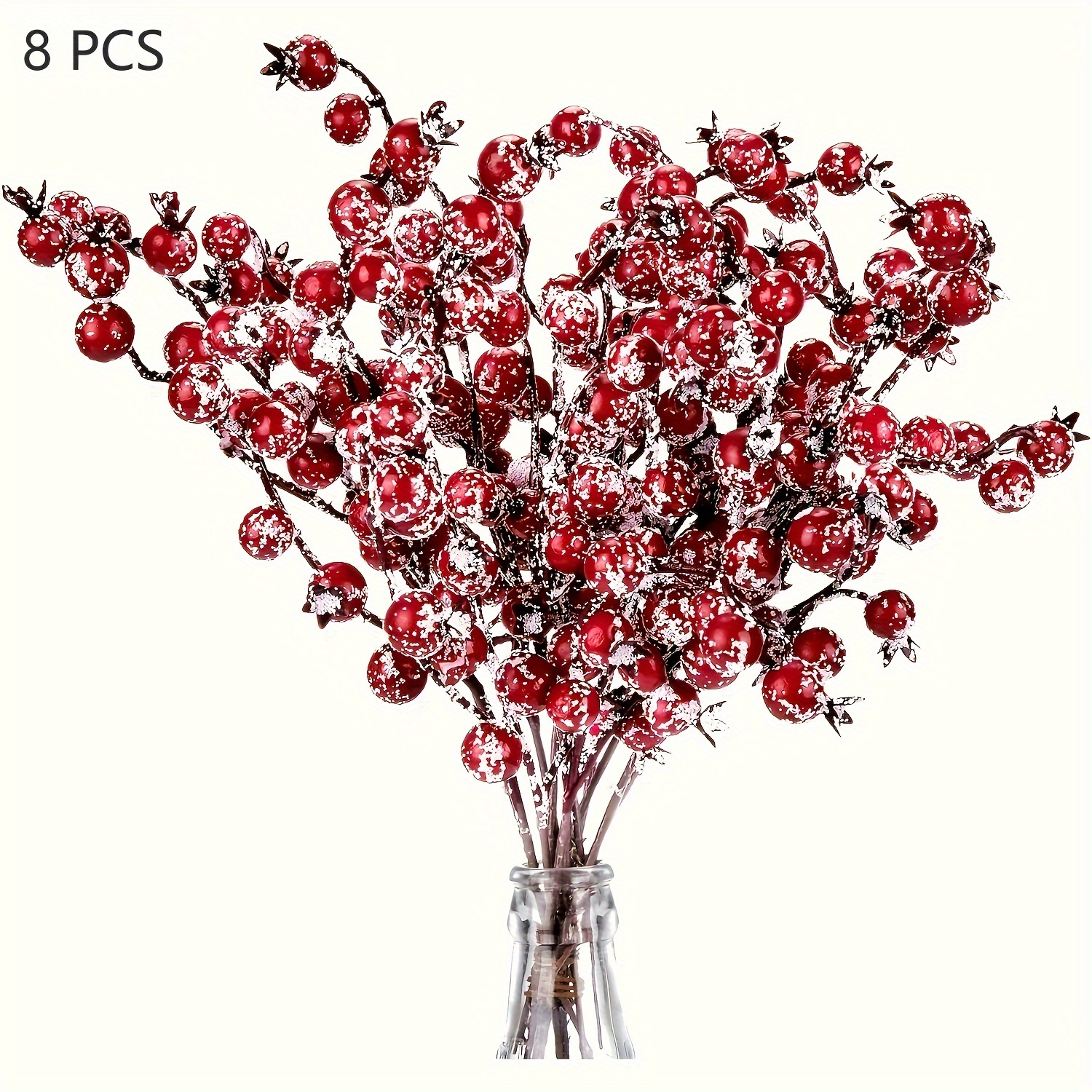 Image of 8pcs Artificial Berry Picks With Frosted Red Berries & Stems - Fake Snowy Branches Suitable For Christmas Tree, Wreath, Garland, Wedding, Party Decor - Diy Crafts, Realistic Stems
