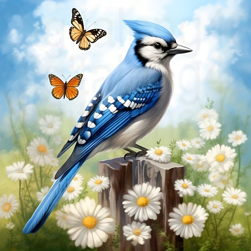 

5d Diy Diamond Painting Kit, Animal Theme Blue Jay Bird & Butterflies, Round Acrylic Diamonds Embroidery Cross Stitch Art, Wall Decor Craft Gift