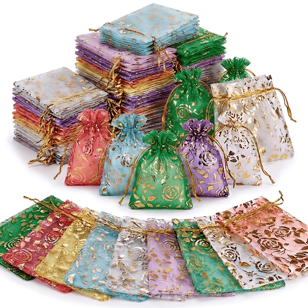 TEMU Gift For Her/him 100pcs Random Colors Organza Gift Bags Drawstring Jewelry Pouches Sheer Mesh Favor Bags With Elegant Rose Pattern And Metallic