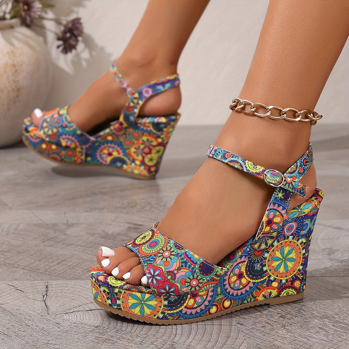 Image of Bohemian Multicolor Wedge Sandals Summer Thick Sole Height-increasing Fish Mouth High Heels, Women Shoes