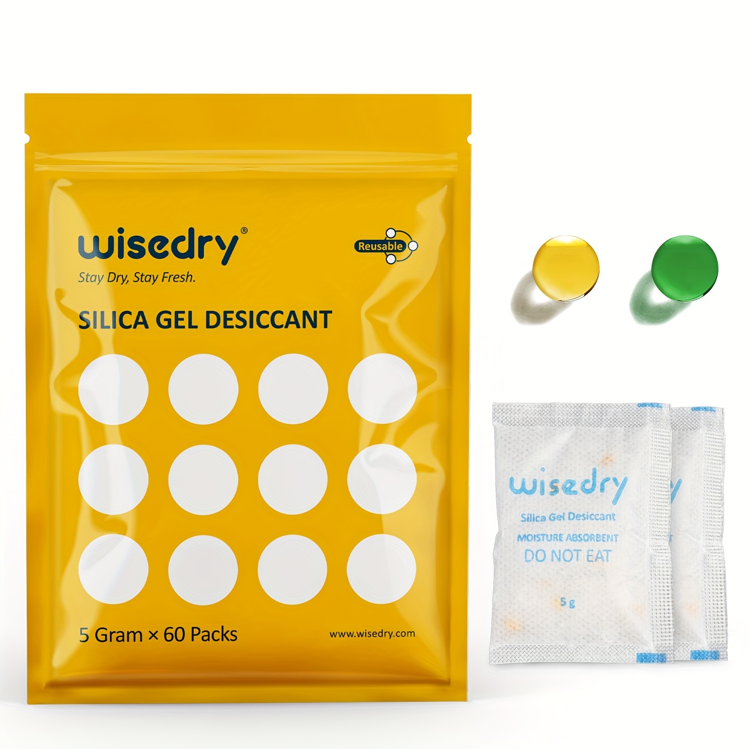 E-shop Wisedry Wiederverwendbarer Trockenmittelbeutel - 5G/10G/50G Einzelverpackung, doppellagig versiegelt, Feuchtigkeitsabsorber für Elektronik,