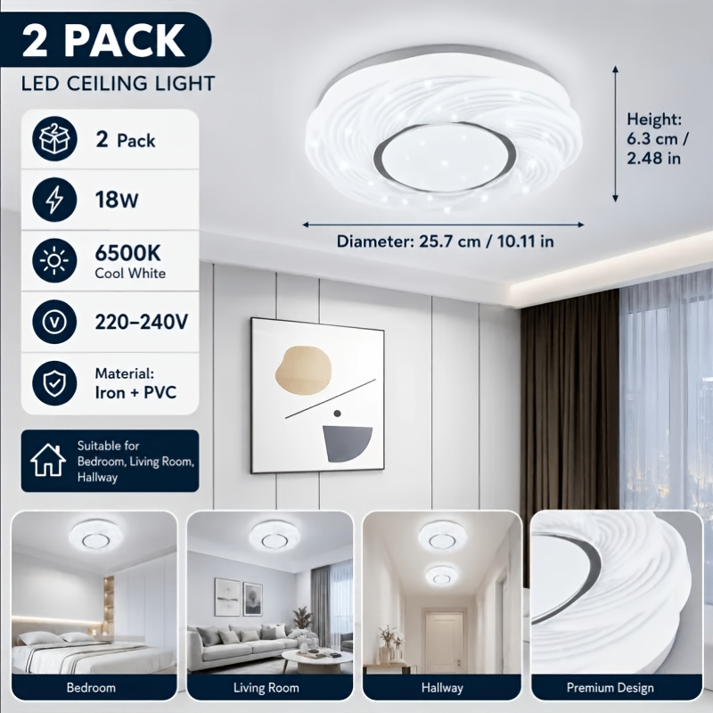 2-pack Led Ceiling Lights, 18w Modern Flush Mount Ceiling Lamps, 6500k Cool White Ceiling Lamp, -free Round Ceiling Light For Bedroom, Hallway, Living Room, Kitchen