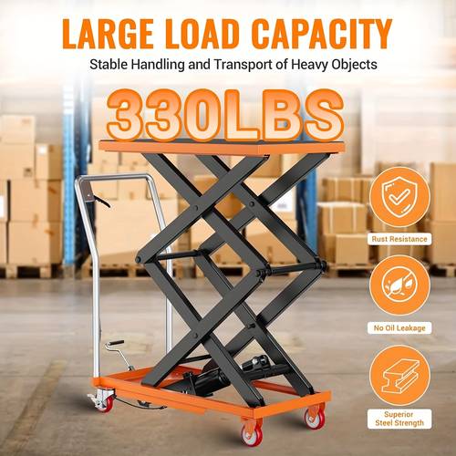 heavy duty manual hydraulic lift table cart 330lbs capacity 50 lift height heavy duty scissor lift cart with locking wheels non slip platform no for warehouse garage motorcycle repair industrial use sturdy steel construction warehouse equipment rustresistant
