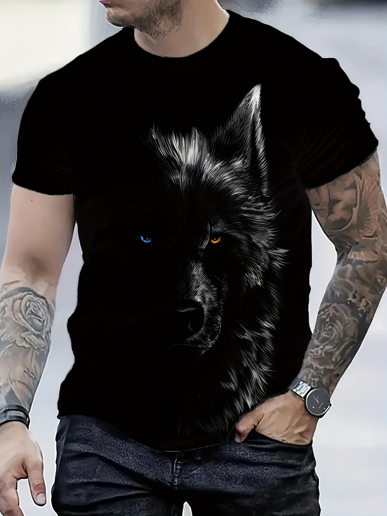men's graphic t shirt wolf print 100% polyester Temu Finland