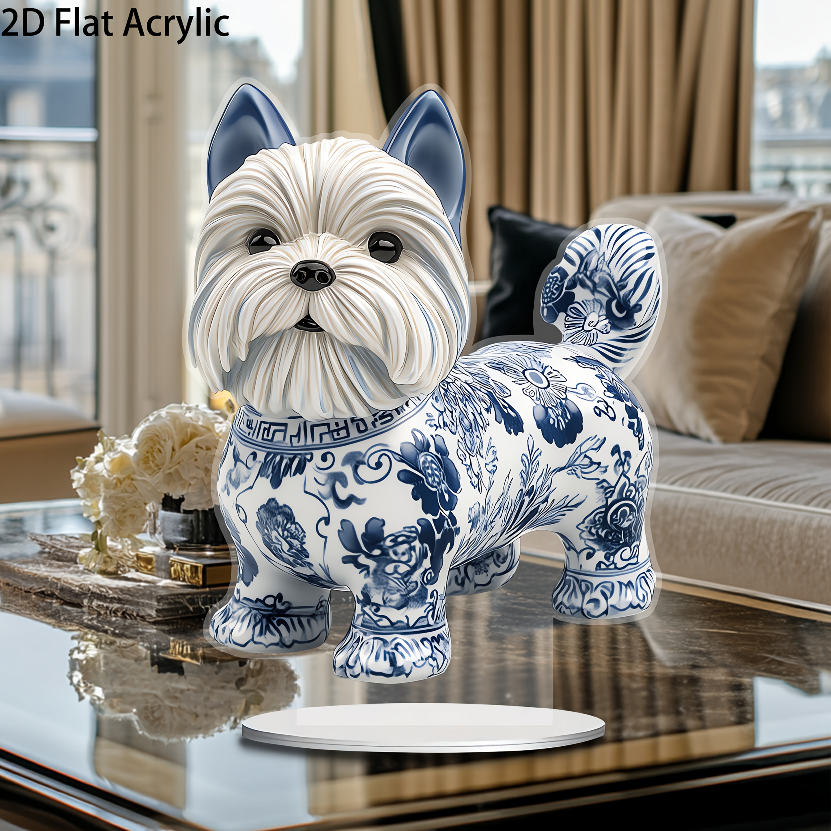 

2d Flat Blue And White Porcelain Style Yorkshire Terrier Acrylic Decorative Sign With Base - Ideal For Living Room, Bedroom, Office - Perfect Gift For Valentine's Day, 's Day, Easter, Ramadan