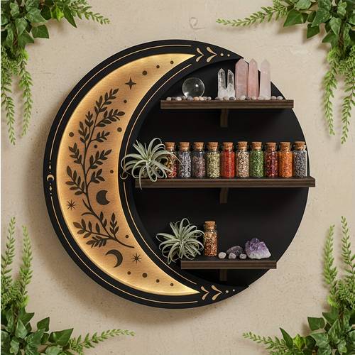 moon shelf decor cute moon floating shelves with light witchy boho room decor aesthetic wall shelf small display racks suitable for crystal essential oil collectibles rock storage organizer trinkets holder unique celestial gift for moon