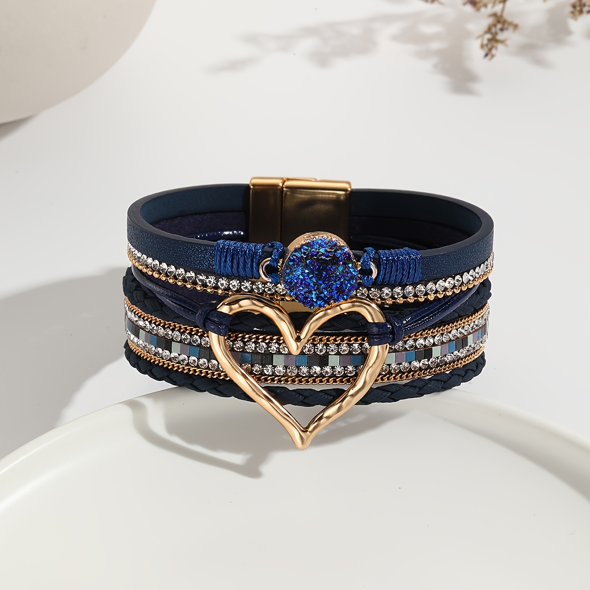 bohemian multi layer bracelet for women synthetic synthetic leather rope heart charm with rhinestones beads golden accents valentines day gift vacation jewelry year round wear bohemian style beaded stone bracelet romantic accessory sparkling rhinestones Product details 5