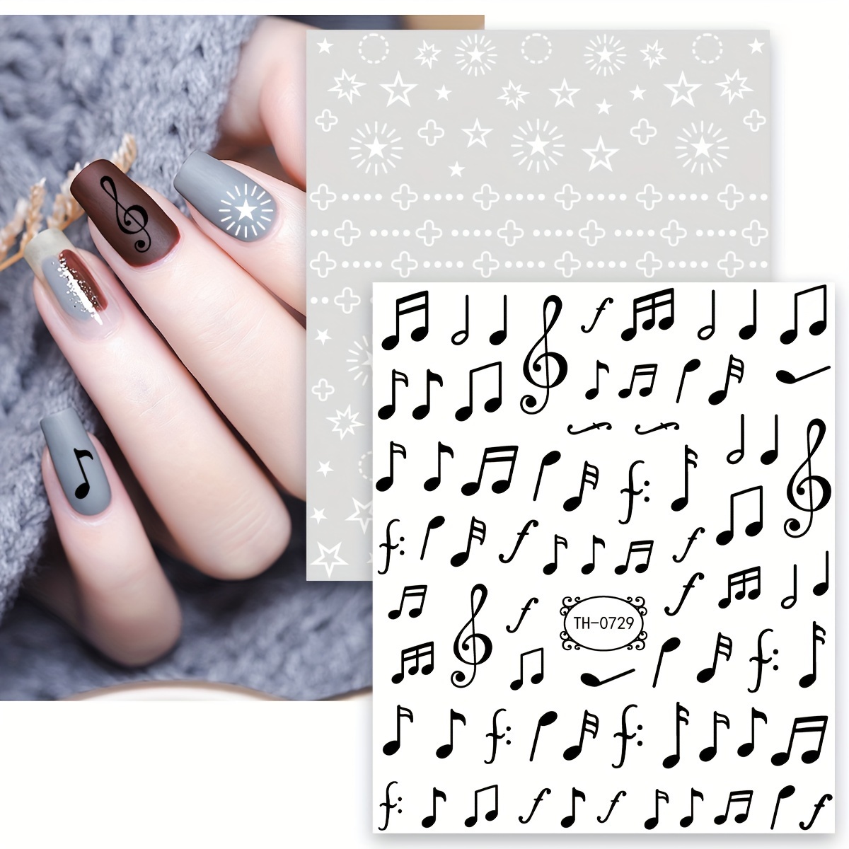 

2 Sheets Musical Notes And Stars Design Nail Art Stickers For Women, Trendy Nail Decoration