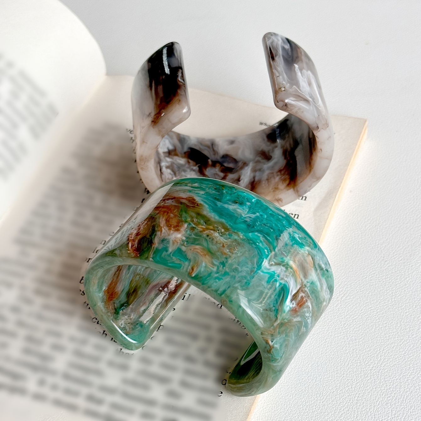 Boho Vintage Style Wide Resin Bangle Bracelet, Adjustable Cuff