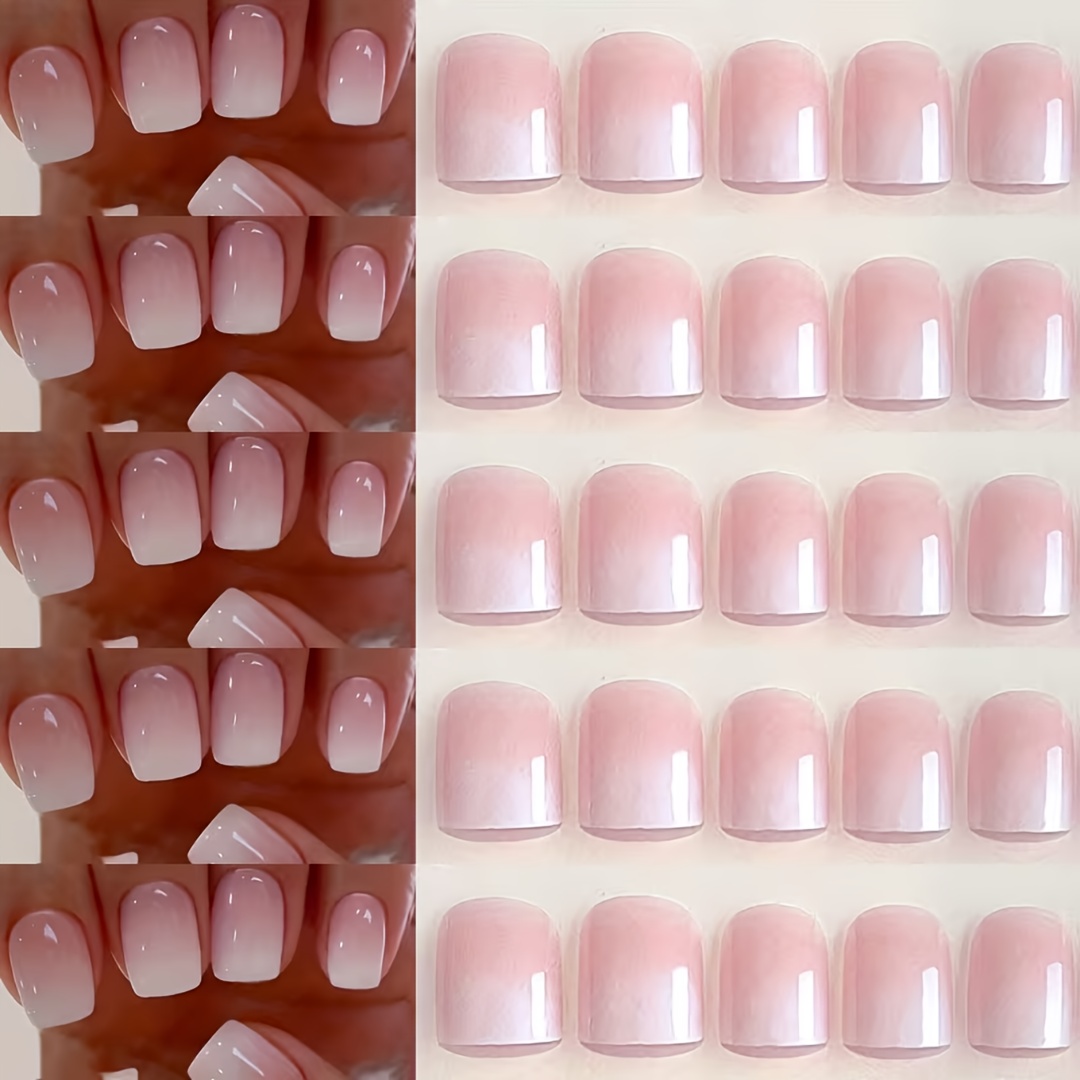 Image of 216pcs Of Short Square Press-on Nails In A Pink And White Ombre Design, In 12 Sizes, A Easy And Versatile Style For Women