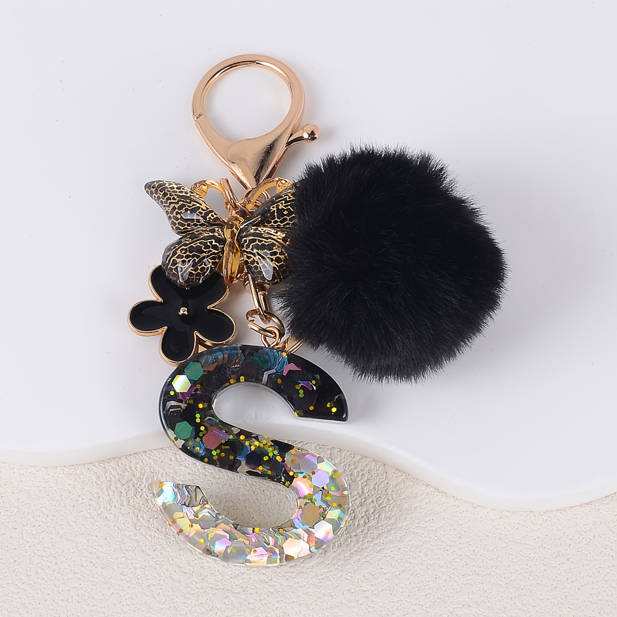 TEMU 1pc Porte-clés Initiale Floral Pom Pom Résine Lettre Porte-clés Cadeau de Fête Femme Sac à Dos Pendentif