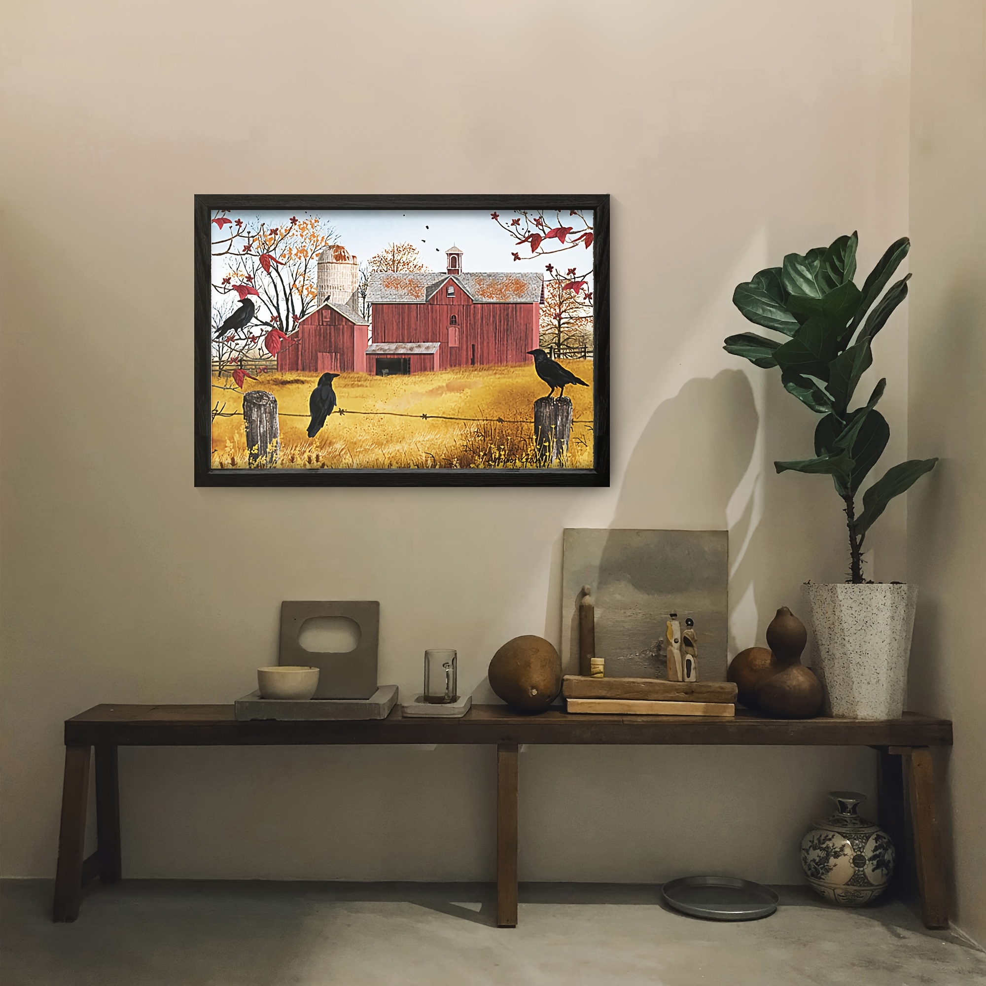 

1pc, Framed Billy Canvas Wall Art, Country Barn Farm Primitive Folk Art Print For Bedroom Living Room Decor, Wood Frame