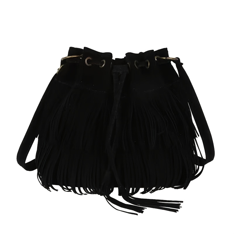 TEMU Bolso Cruzado Tipo Retro con Borlas para Mujer, Bolso con Cordón Estilo Western, Bolso de con Volantes de Ante Sintético, Bolso Bohemio con