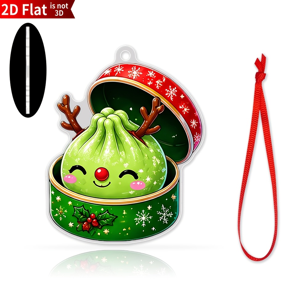 TEMU 2d Flat - 1pc Adorable Reindeer Christmas Ornament With 'green Bun' Hairstyle; 2d Flat Acrylic Piece With Red Hanging Cord, Perfect For