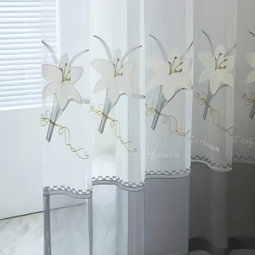 2pcs Set Embroidered Lily Flower Curtains - Dual-tone, Semi-sheer Window Treatments For Living Room & Bedroom Decor, Vertical Drop, Good Match