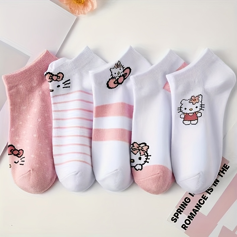 E-shop 5 Paar Unisex Knöchelsocken - Niedliche Cartoon-Designs, Pastellfarben, Gestreift & Punktmuster, Maschinenwaschbar, Bequeme Freizeitsocken für
