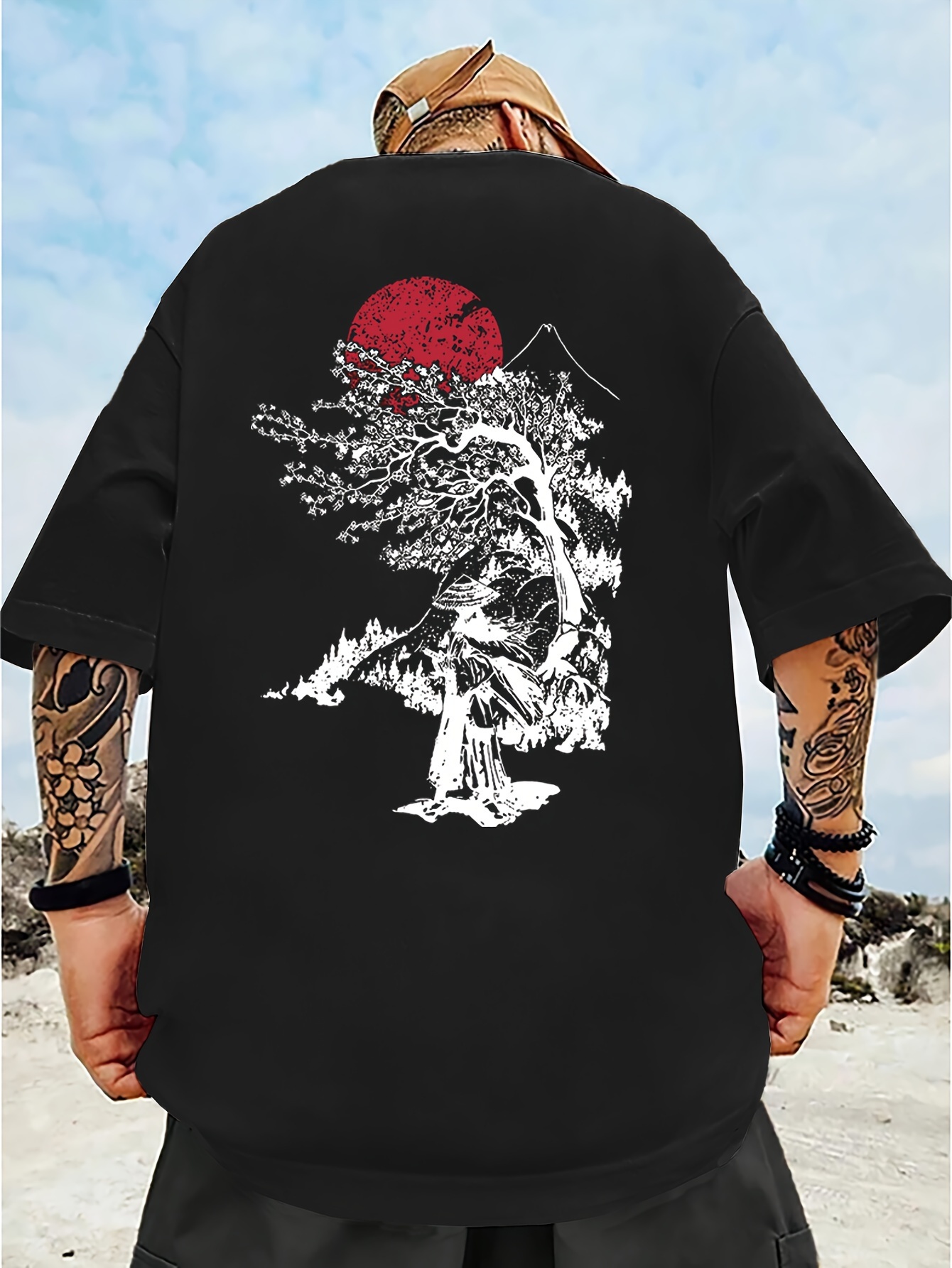 Men's Casual Short Sleeve T-Shirt with Japanese-Inspired Cherry Blossom & Mountain Print - Breathable Regular Fit Round Neck Tee for Summer Outdoor Activities, Machine Washable, PLUS SIZE