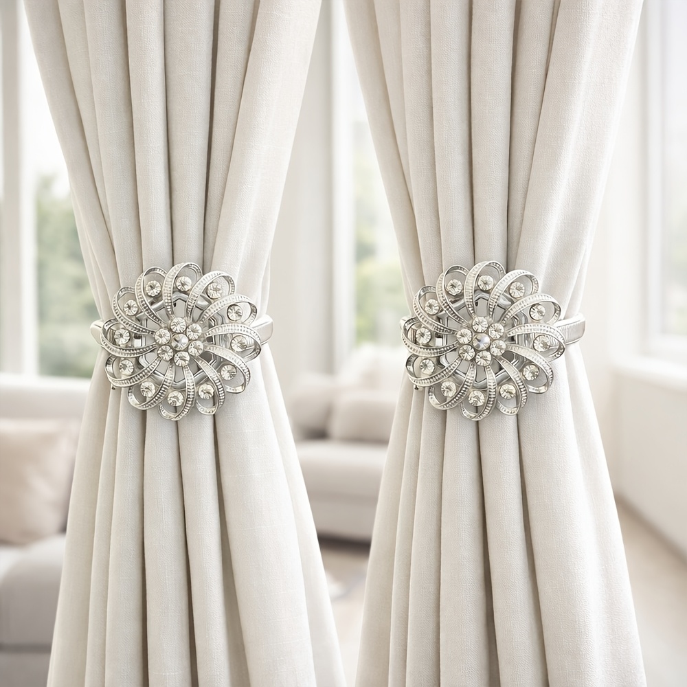 1/2pcs Modern Minimalist European Style Silvery Alloy Diamond-embedded Magnetic Curtain Tiebacks, 7.6cm No-drill Curtain Decorative Holdbacks