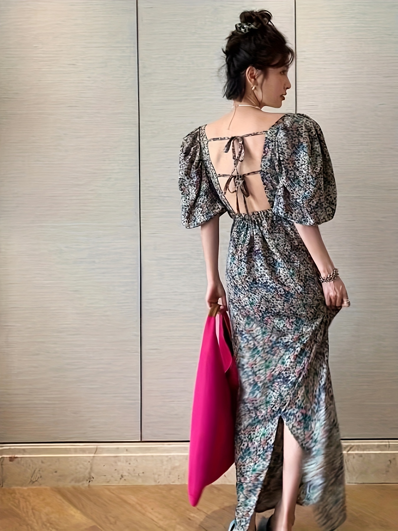 floral v neck puff sleeve backless dress womens summer new - Temu Mauritius