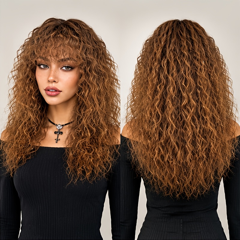 TEMU 20 Inch Long Bohemian Water Wave Curly Synthetic Wig With Bangs, T30 Ombre Heat Resistant Full Wig For Women, Glueless Curly Wig For Daily Wear