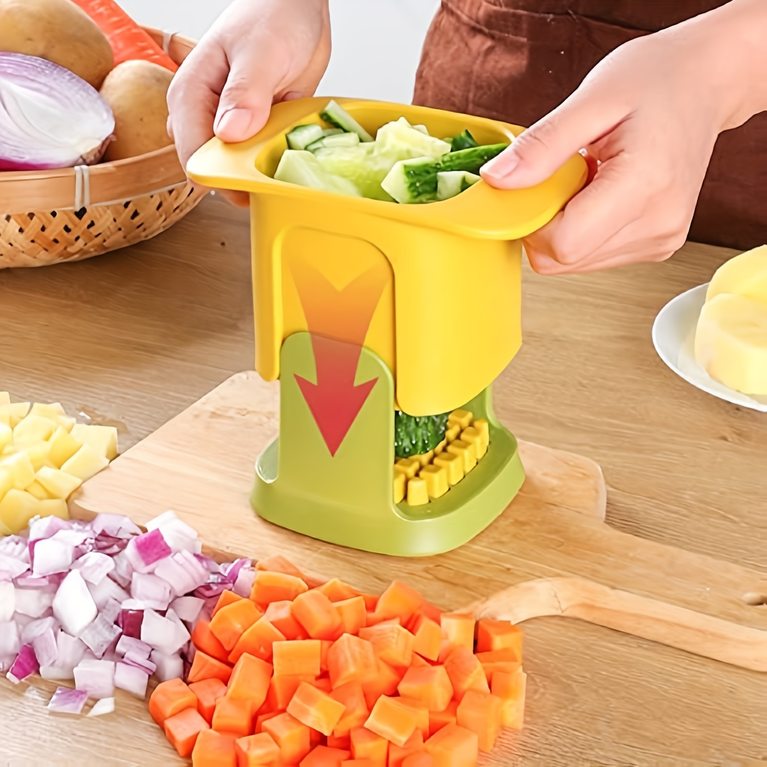 

Multifunctional Vegetable Chopper Dicing & Slitting Vegetable Chopper Dicer With Container Manual Pressure Food Steel Stainless Cutter Kitchen Tool For Potato Onion Slicing Restaurants And With Design