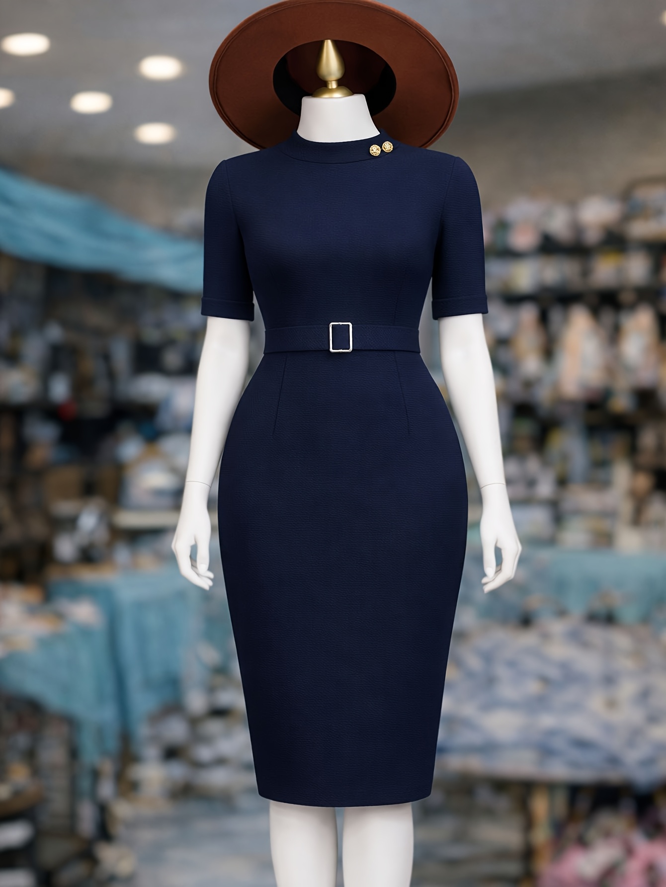 Elegant Women's High Neck Short Sleeve Tie-Waist Slim-Fit Midi Dress with Metal Button Accents at the Neckline, Suitable for Office Wear/Corporate Events/Business Occasions