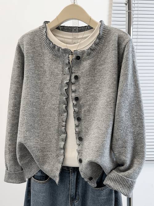 item picture ruffle trim button front sweater cardigan 2026 fall winter new long sleeve casual cropped womens cardigan stylish and versatile pretty womens clothing