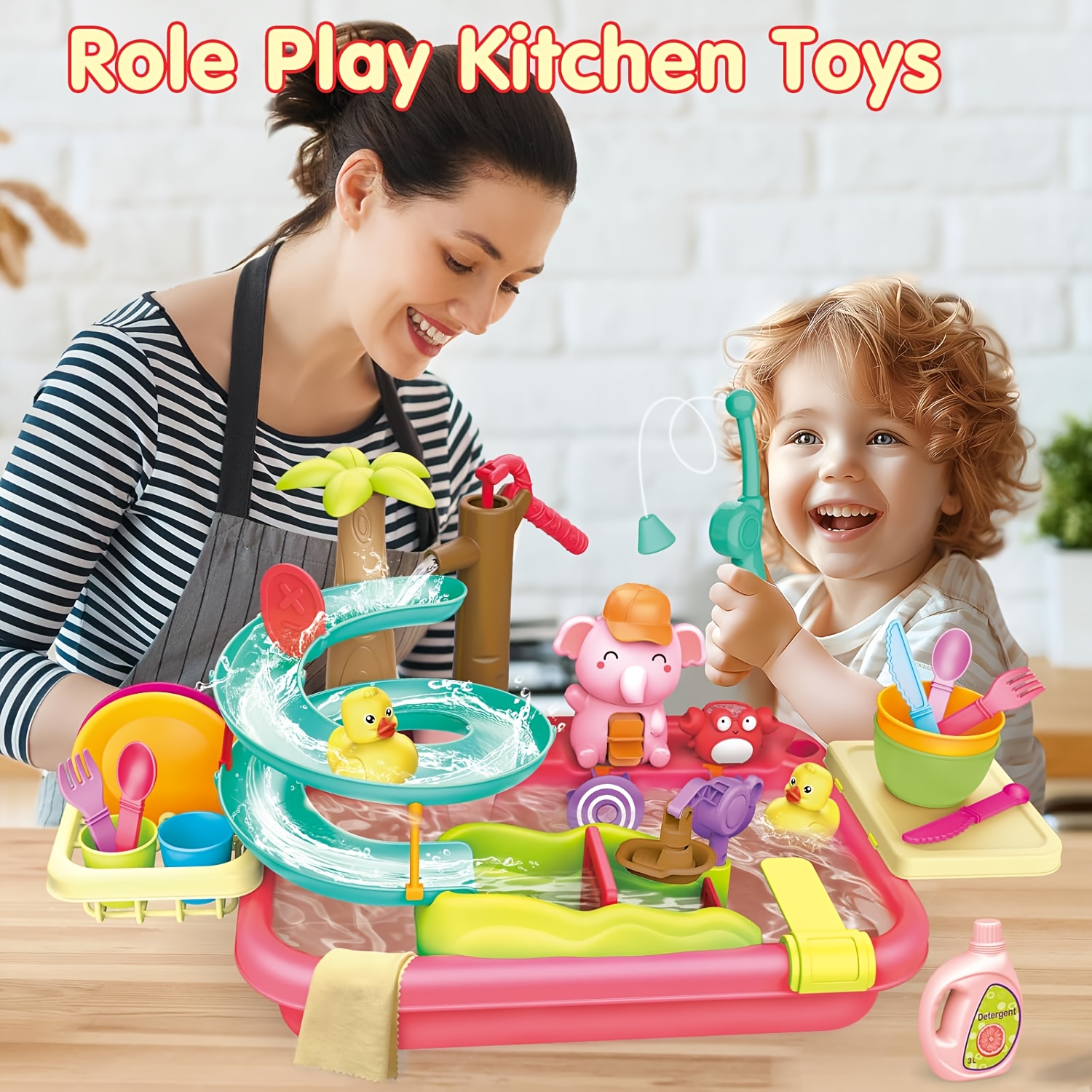   Kids Role Play Kitchen Sink & Dishwasher Set with Running Water, Manual Pump, Fishing, and Surfing Slide - Battery-Free, Educational Water Play   3+, Durable Plastic, Colorful Design,   Pretend Play and Learning,   Design,   Handles