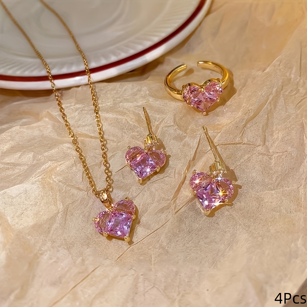 TEMU Ensemble de 4 pièces d'ornements roses, contenant 1 collier + 2 boucles d'oreilles + 1 bague, , cœur qui éclate, collier, boucles d'oreilles et