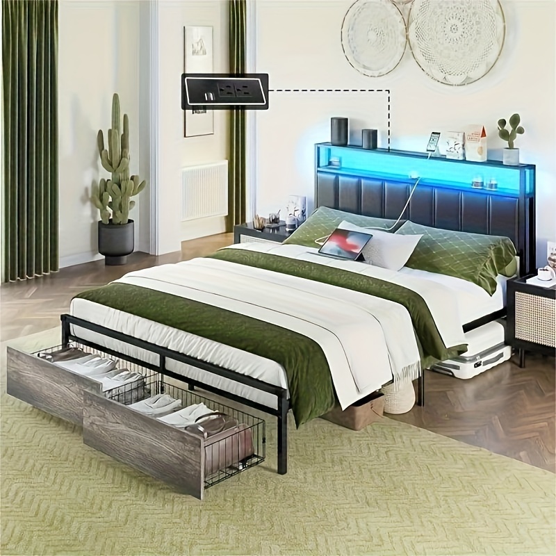 

Full Size Led Bed Frame With 2 Storage Drawers, 2-tier Storage Pu Headboard With Charging Station& Led Lights, Metal Platform Bed, No Box Spring Needed, Noise Free Design, Rustic Grey