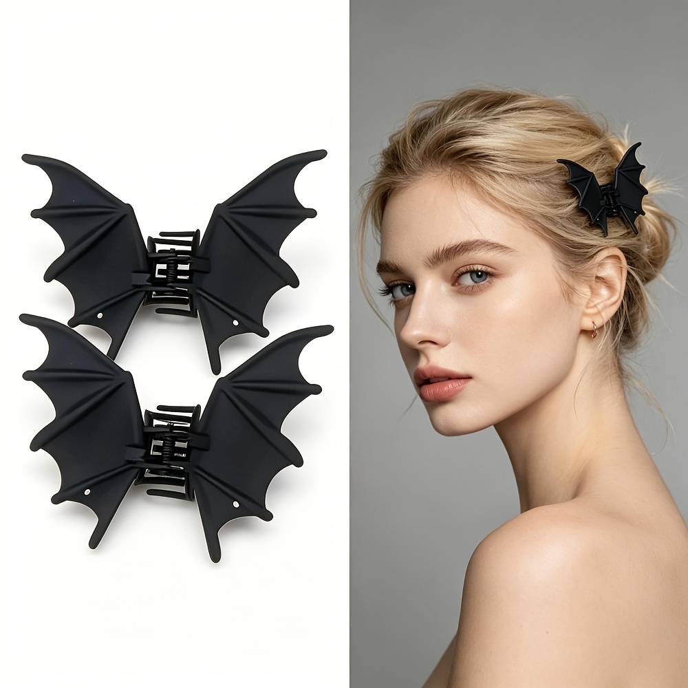 TEMU 2pcs Set Of Matte Black Leather Texture Bat Wing Shaped Hair Clips, Cool Gothic Dark Academy Style, Women's Large Anti-slip Clips, Suitable For