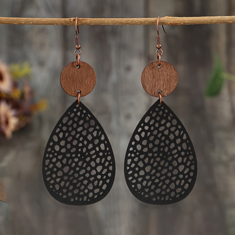 Boho-chic Black Wooden Teardrop Earrings - Vintage For Women, Fall & Winter Parties