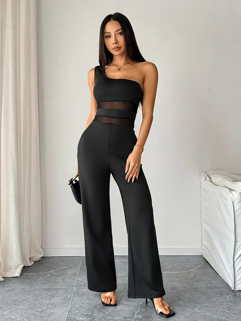 Women's fashionable and elegant one shoulder jumpsuit with mesh splicing design * shoulder jumpsuit - high stretch mesh panel&breathable * Women's fashionable and elegant one shoulder jumpsuit with mesh splicing design * shoulder jumpsuit - high stretch mesh panel&breathable *
