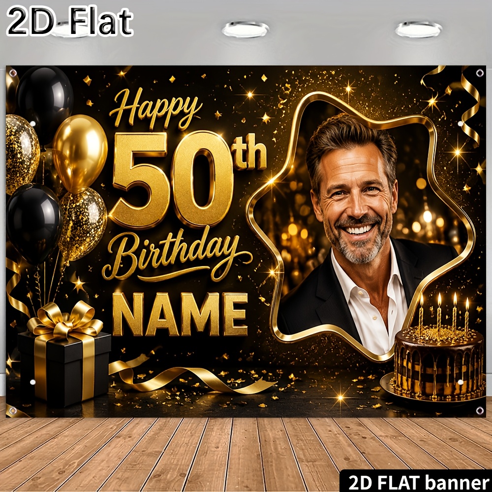 TEMU 2D Plat - 2D Plat - 2D Banner - 1 stuks Custom Foto Banner met Naam, Happy 50th Birthday, Zwarte en Gouden Achtergrond Stof, met Ballon, Taart,