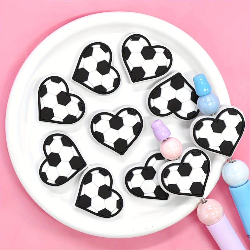 

10pcs Heart-shaped Plastic Beads, Football Pattern Spacer Beads For Diy Pen Accessories & Craft Projects