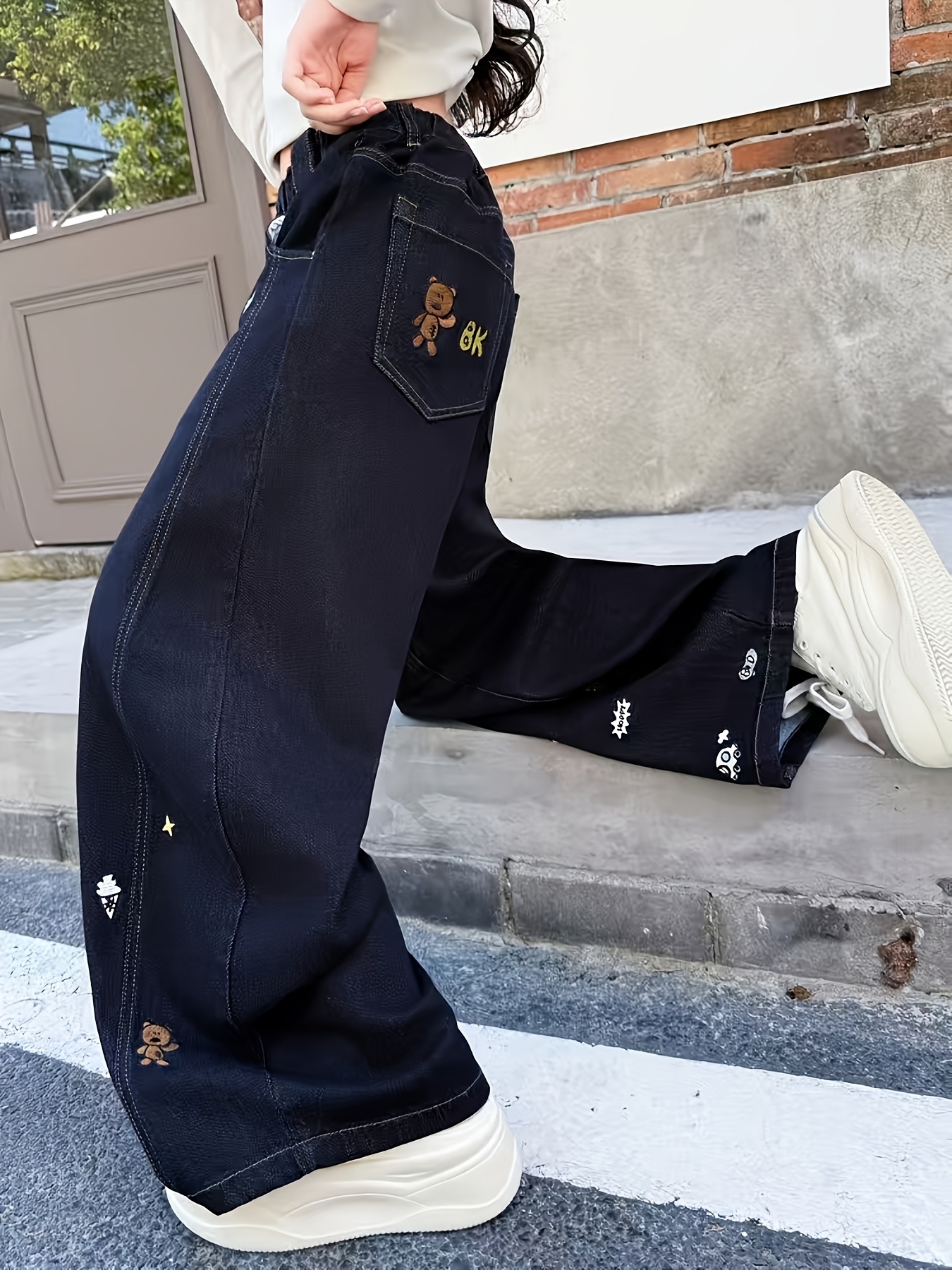 Girls' Embroidered Blue Jeans for Autumn & Spring