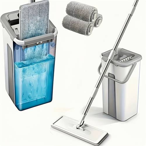 household mop and bucket set with wringer flat mop and mop for floor cleaning and wall cleaning free 3 reusable microfiber mop pads