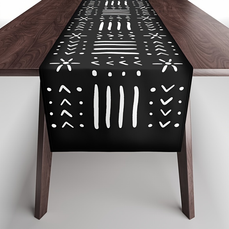 

Polyester Table Runner For Dining, Kitchen Or Outdoor Decor - Machine Made Versatile Table Cover For Home Gatherings And Parties - 1 Pack Black With White Geometric Pattern Design