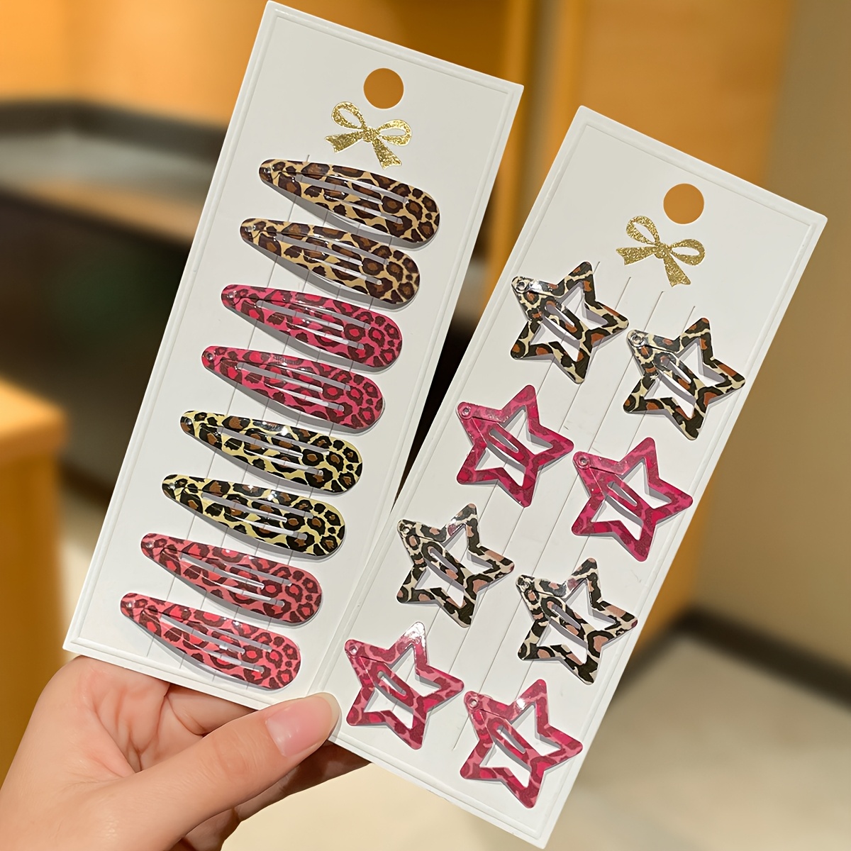 Image of 16pcs Set Of Women's Multicolored Leopard Print Hair Clips, Teardrop-shaped Clips, Star Clips, Bb Clips, Vintage Style, Y2k, Suitable For Daily Casual Wear, , And Shopping, Women's Additions, Gifts