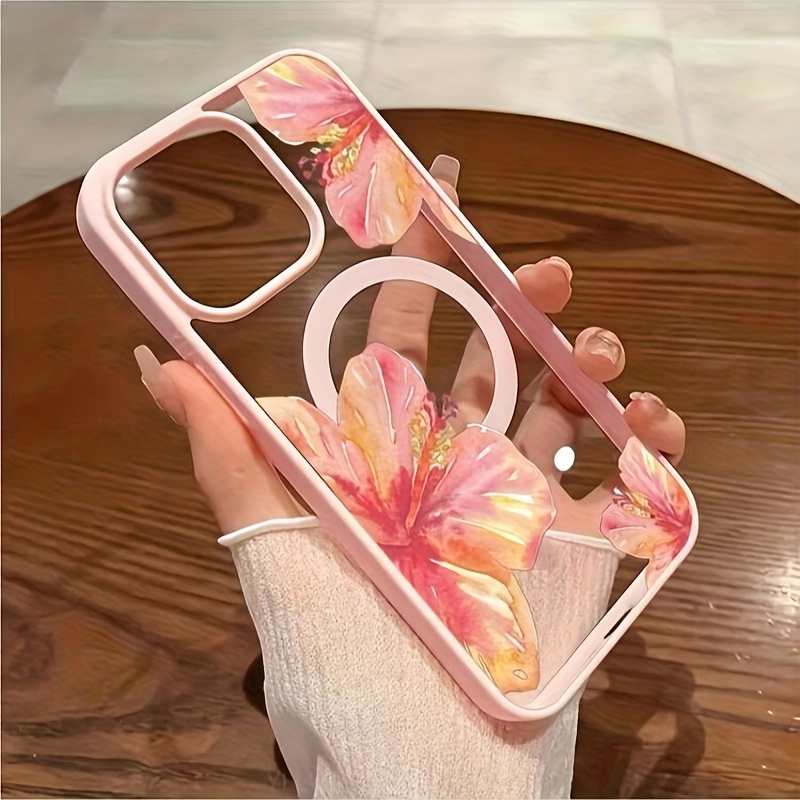 TEMU Phone Case - Watercolor Hibiscus Flower White Background Pink Magnetic Phone Case For Iphone 16/15/14/13/12/11/x/xs Ultra-thin Cover, Anti-slip