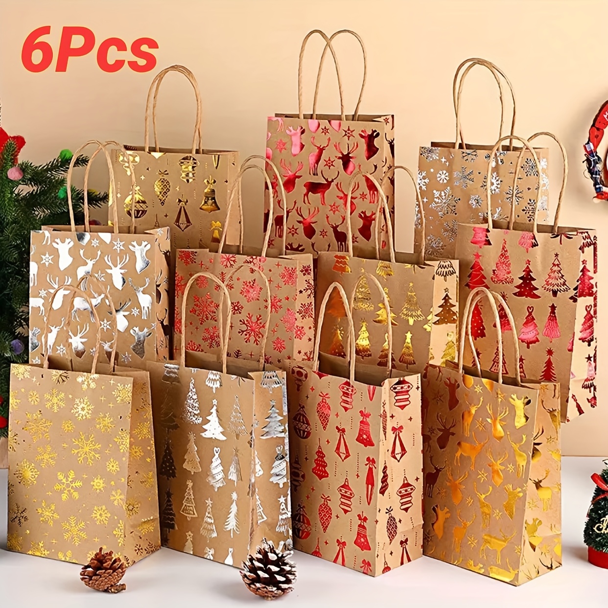 TEMU 6/12/18pcs Sacs Cadeaux de Noël avec Poignées - 12 Festifs , Sacs de de Fête de Noël de Taille Moyenne pour Noël, Fêtes d'Hiver, Secret Santa,